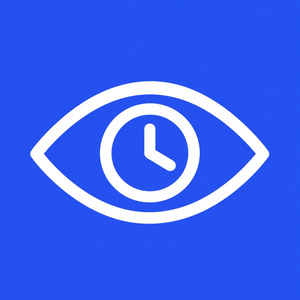 Product Visibility Planner app icon: a white eye and clock on a blue background