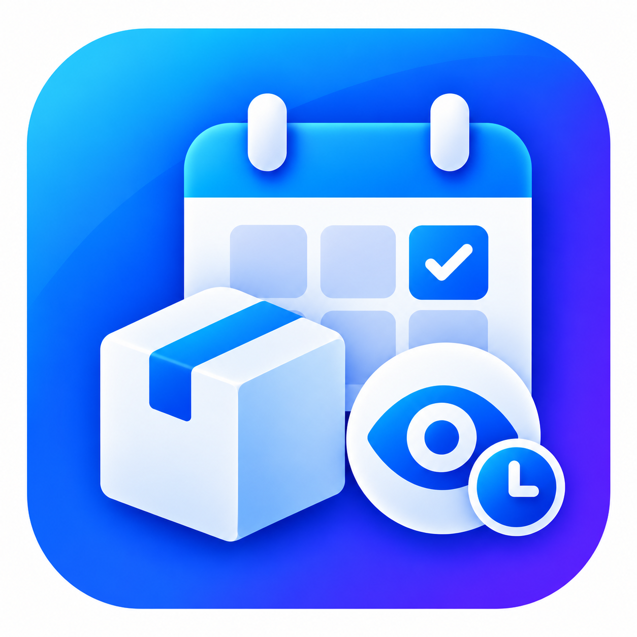 Product Visibility Planner app icon: a calendar, product box, eye, and clock